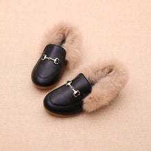 Load image into Gallery viewer, Kids Loafers Kids Metal Chain Shoes Winter Warm Boys Girl Black Brown Fur Flat Rubber Non-slip Leather Velvet Fluffy Fur