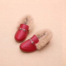 Load image into Gallery viewer, Kids Loafers Kids Metal Chain Shoes Winter Warm Boys Girl Black Brown Fur Flat Rubber Non-slip Leather Velvet Fluffy Fur